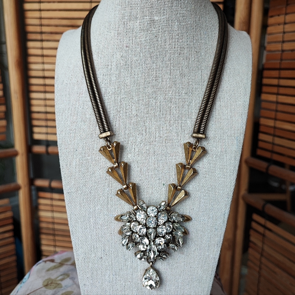J. Crew Art Deco Revival Brass Tone Clear Stone Statement Runway Necklace